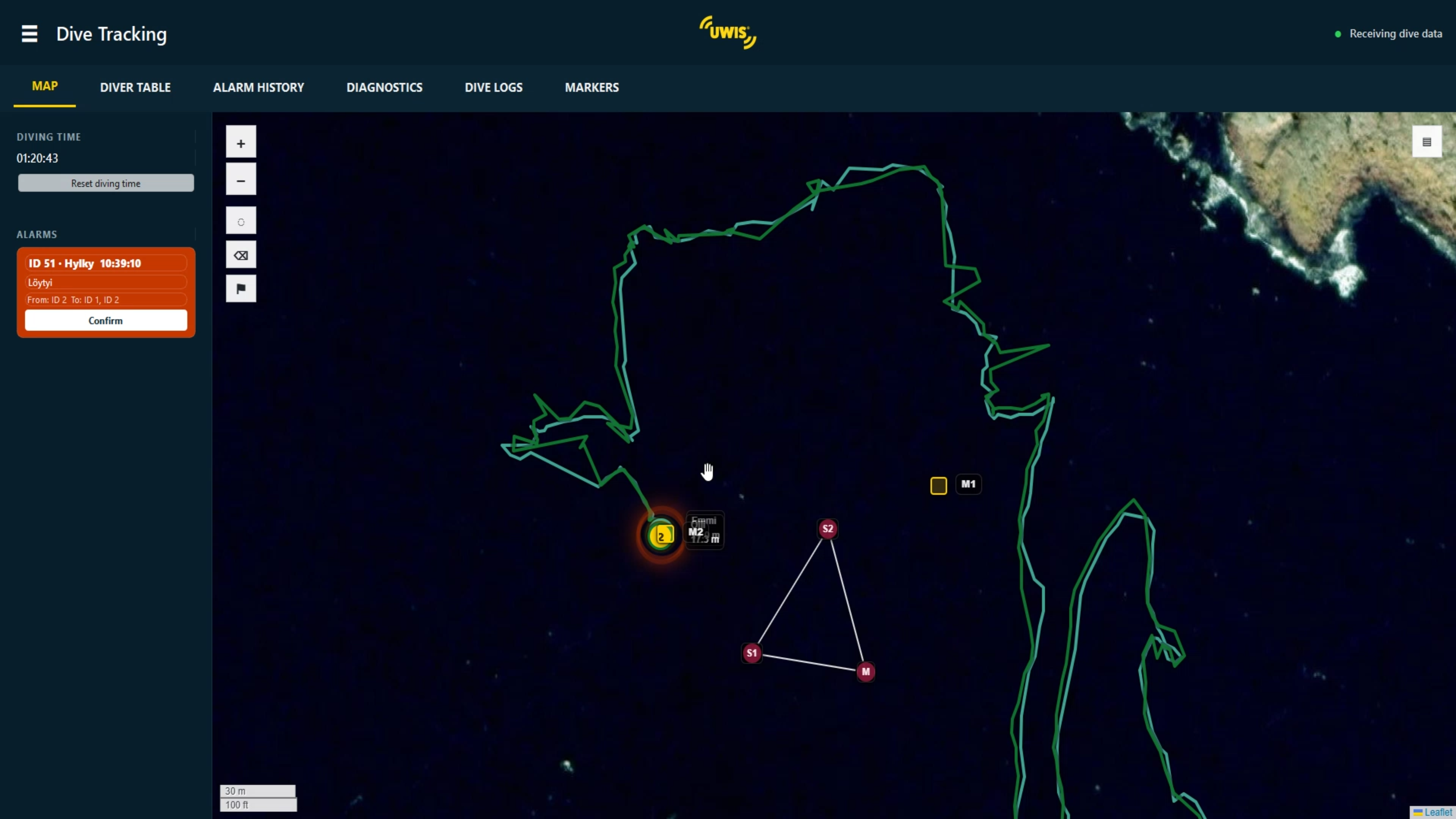 UWIS Tracker map showing diver tracks and position markers